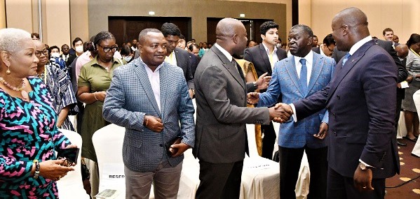 Kojo Oppong Nkrumah (3rd from right), Minister of Information, interacting with Samuel Abu Jinapor (right), Minister of Lands and Natural Resources, and Benito Owusu-Bio (2nd from right), Deputy Minister of Lands. Looking on is Joyce Aryee (left), Chairperson, Apiatse Support Fund Committee. Picture: EBOW HANSON